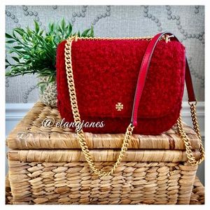 Tory Burch Emerson Boucle Flap Adjustable Red Shoulder Bag with Gold Chain